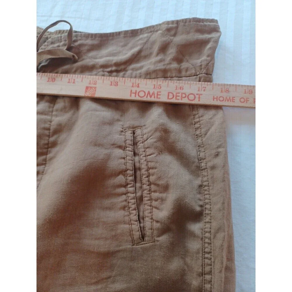 Zara brown linen tapered leg pants womens M paperbag waist button fly beach boho
